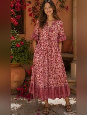 GiGio Pink White Floral Boho Cottagecore Prairie Maxi Dress NWT Small